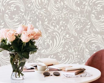 Beige Damask Wallpaper | Vintage Baroque Cream Wallcovering | Neutral Accent Victorian Wallpaper for Living Room