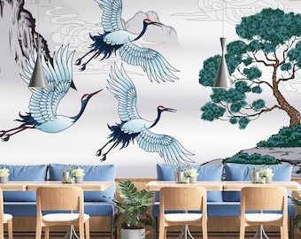 Japanese Crane Wallpaper Mural, Asian Landscape Art, Chinoiserie Style, Luxury Home Decor Feature Wall