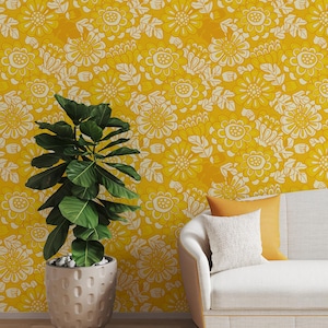Yellow Marigold Peel and Stick Floral Wallpaper | Living Room Kitchen Repeating Pattern Botanical Mural