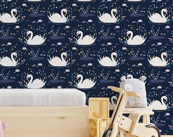 Swan Nursery Wallpaper - Midnight Blue, Floral Accents, Peel & Stick