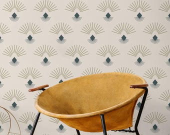 Beige Teal Art Deco Wallpaper |  Peel and Stick Geometric Pattern | Living Room Bedroom Mural