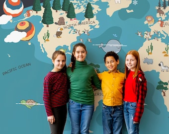 Kids World Map Wallpaper | Animal worldmap Wall Mural for Nursery Playroom | Educational Peel Stick