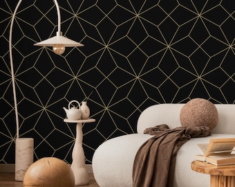 Peel and Stick Art Deco Wallpaper | Geometric Gold Line Black Background Bedroom Wall Decor