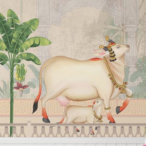 Pichwai Cow Peel & Stick Wallpaper Mural | Indian Sacred Vintage Temple Art | Peacocks Banana Tropical Tree | Spiritual Room Wall Decor