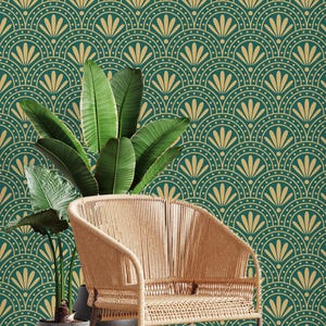 Green and Gold Art Deco Fan Pattern Wallpaper | Retro-Modern Repeating Style | Peel and Stick