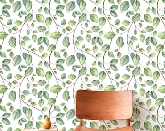 Green Leaf Botanical Wallpaper | Cottagecore Peel and Stick Wall Mural Removable | Nature Leaves Decor
