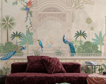 Royal Jaipur Garden Indian Wallpaper | Exotic Peacock Bird Wall Art | Green Floral Botanical Mural