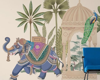 Indian Royal Mughal Garden Peel and Stick Wallpaper Elephant Camel Peacock Wall Mural Decor