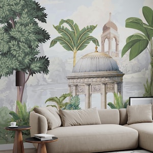 Tropical Indian Cultural Peel and Stick Nature Wallpaper | Green Botanical Mughal Garden Mural | Vintage Natural Style Living or Bedroom Art