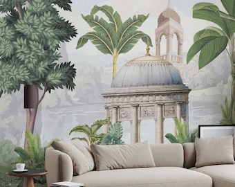 Tropical Mughal Garden Wallpaper Mural | Indian Cultural Peel and Stick Green Botanical Nature Art