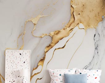 Gold White Marble Wallpaper | Metallic Veins Texture | Modern Luxury | Living Room | Peel Stick Mural