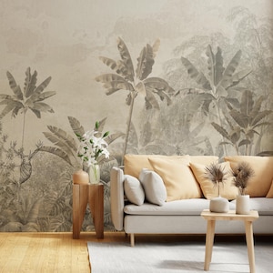 Tropical Jungle Peel and Stick Wallpaper | Soft Beige Neutral Safari Botanical Wallpaper | Vintage Style | Living Room Bedroom Accent