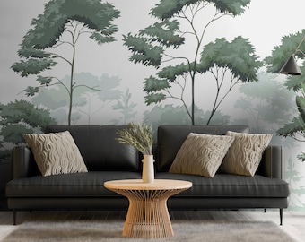 Foggy Forest Wall Mural: Scandinavian Misty Green Tree Wallpaper