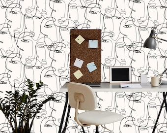 Modern Human Faces Line Abstract Wallpaper – Minimalist Continuous Art Design for Living Room Walls