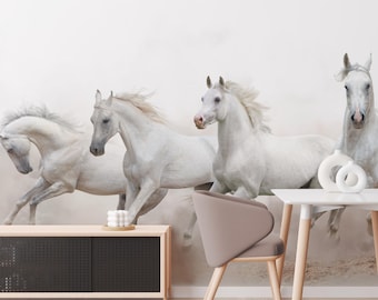 White Horse Wall Mural | Galloping Horses Wallpaper | Modern Art Style | Living Room Decor