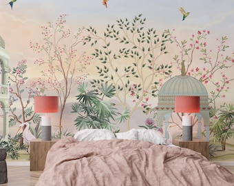 Chinoiserie Leaves Bird Peel Stick Wallpaper | Bedroom Wall Mural | Nature Art