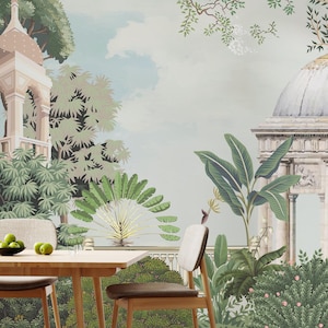 Vintage Garden Mural Peel and Stick Wallpaper | Green Botanical Mughal Palace Scene Classical Wall Art | Living Room Indian Heritage Accent