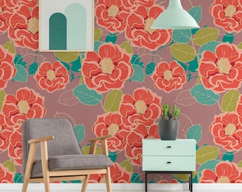 Red Floral Wallpaper | Botanical Rose Pattern Wall Mural | Cottagecore Style | Bedroom Peel and Stick