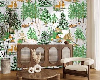 Woodland Deer Forest Peel and Stick Wallpaper, Rustic Cabin Nursery Mural Green Nature Decor
