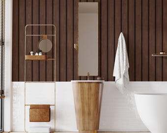 Wooden Striped Wallpaper | Walnut Brown Vertical Strip Wall Design | Contemporary Rustic Bathroom Interior