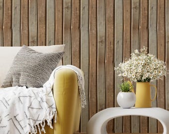 Natural Brown Grey Wood Striped Wallpaper | Slat Vertical Wooden Plank Peel and Stick Mural