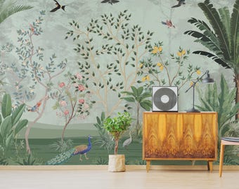 Jungle Botanical Wallpaper Peel and Stick Tropical Bird Wall Mural Removable Decor Living Room