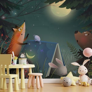 Night Dreamy Forest Peel and Stick Wallpaper for Kids Room – Cute Bear, Rabbit & Moon Cartoon Mural – Green Nursery Safe Wall Decor