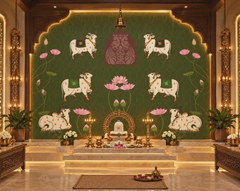 Pichwai Cow Removable Wallpaper | Indian Lotus Green Yellow Wall Mural