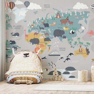 Papier peint carte du monde avec animaux fantaisistes - Papier peint éducatif auto-adhésif pour chambre d'enfants et de chambre d'enfant Livraison gratuite