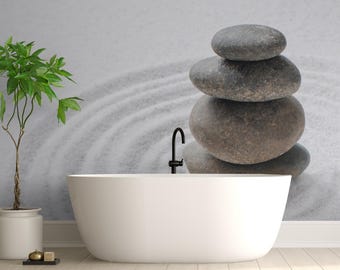 Stacked Pebble Zen Wallpaper | Natural Grey Rocks on White Sand | Calm Meditation Room Decor