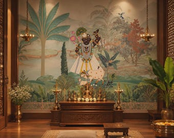 Shreenathji Indian Pichwai Wallpaper | Tropical Removable Pooja Room Mural