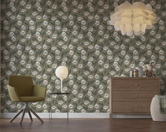 Olive Green Botanical Floral Wallpaper | Peel Stick Wall Decor