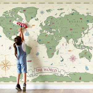 World Map Wallpaper | Vintage Animal Worldmap | Educational Decor | Kids Room Nursery Wall Art | School Paper Print | Geography Learning