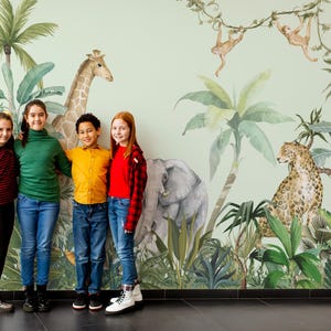 Animal Peel and Stick Wallpaper | Sage Green Jungle Scene | Boho Watercolor Tropical | Kids Room Safari | Removable Self-Adhesive Wall Decor
