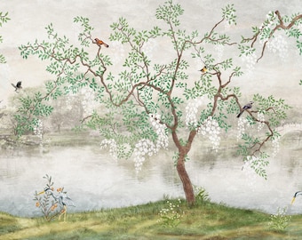 Nature Peel and Stick Wallpaper Mural, Living Room Green Wall Art