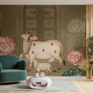 Sacred Pichwai Peel and Stick Wallpaper | Indian Kamdhenu Cow Art, Floral Hindu Decor, Brown Pink Mural for Cultural Wall Decor