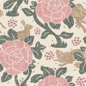 May include: A fabric pattern featuring large pink flowers with dark green leaves and stems on a cream background. The design includes brown rabbits interspersed among the floral elements, with small clusters of pink dots scattered throughout the print.