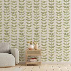 Carta da parati murale con foglie verdi acquarellate – Decorazione murale botanica ispirata alla natura in verde tenue e bianco, moderna e minimalista.