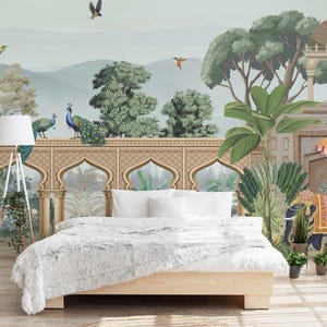 Indian Tropical Jungle Wallpaper Peel and Stick Mural | Pink Horse Elephant Decor | Green Forest | Vintage Palace Style | Living Room Accent