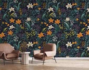 Tropical Botanical Floral Peel and Stick Wallpaper Dark Jungle Lily Pattern Night Garden Art