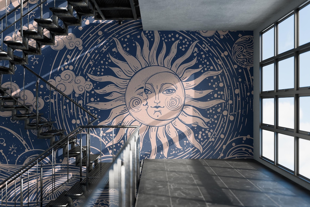Celestial Sun Moon Wallpaper Peel Stick Boho Cosmic Wall Mural Bedroom ...