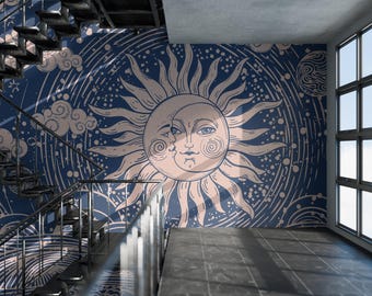 Celestial Sun Moon Wallpaper Peel Stick Boho Cosmic Wall Mural Bedroom Decor Removable Art