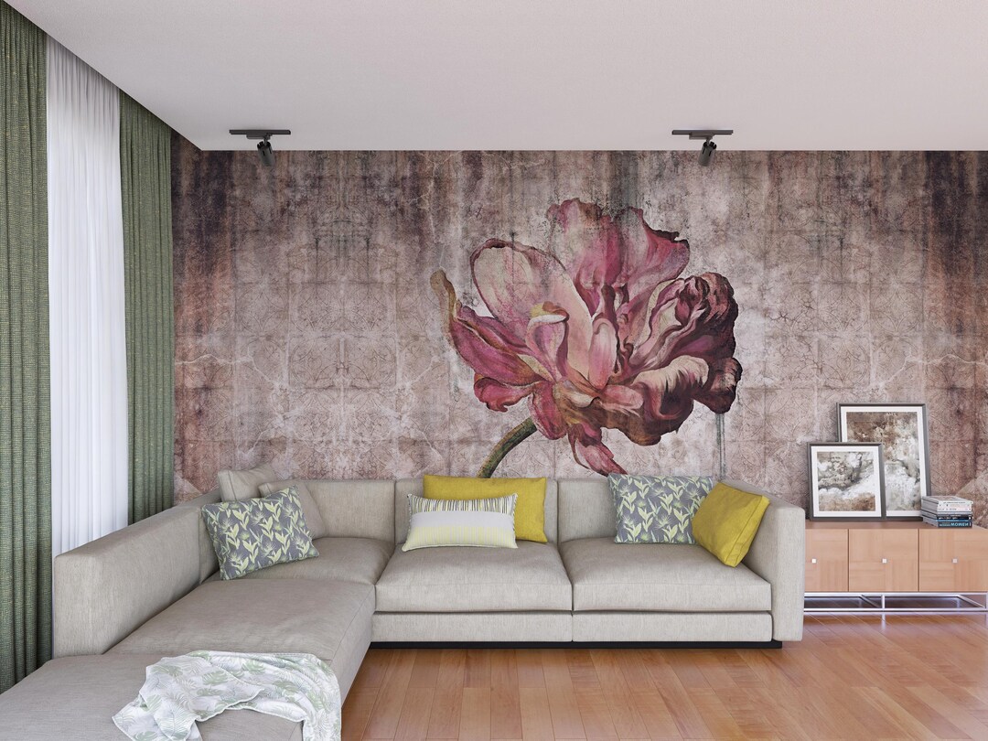 Peony Floral Wallpaper Mural | Blush Pink Vintage Botanical | Living ...