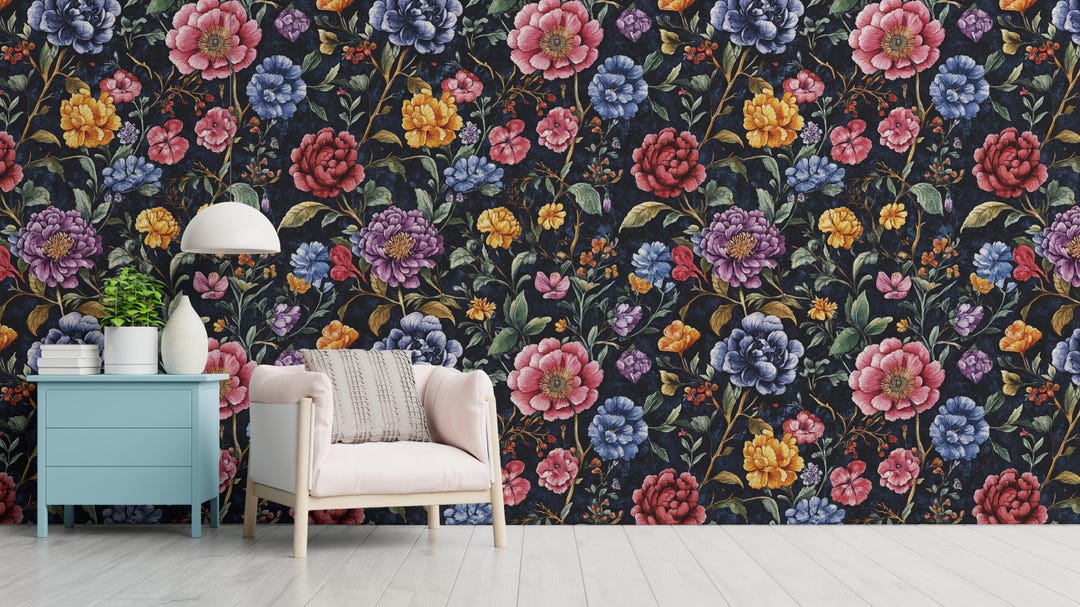 Dark Floral Wallpaper Mural | Black Peony Rose Botanical Peel Stick ...
