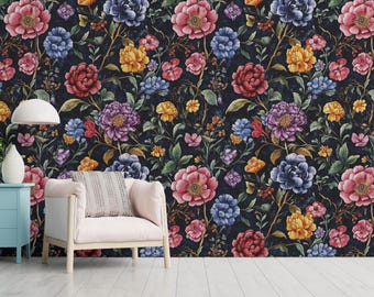 Dark Floral Wallpaper Mural | Black Peony Rose Botanical Peel Stick | Seamless Style | Bedroom Wall