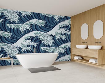 Japanese Ocean Wave Wallpaper Mural Coastal Nautical Style Beach House Decor Removable Wall Covering