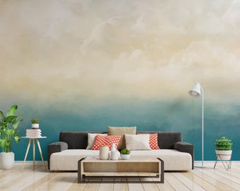 Watercolor Wall Mural Ombre Wallpaper Abstract Ocean Sky Coastal Peel Stick Statement Wall Decor