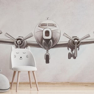 Vintage Airplane Peel-and-Stick Kids Wallpaper – Retro Pilot-Theme Wall Mural for Nursery