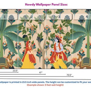 Hindu spiritual wallpaper mural capturing the love of Radha and Krishna, rendered in Pichwai style with earthy tones. Ideal for blissful living room corners or temple spaces in San Francisco. A soulful fusion of art, devotion, and contemporary design simplicity.