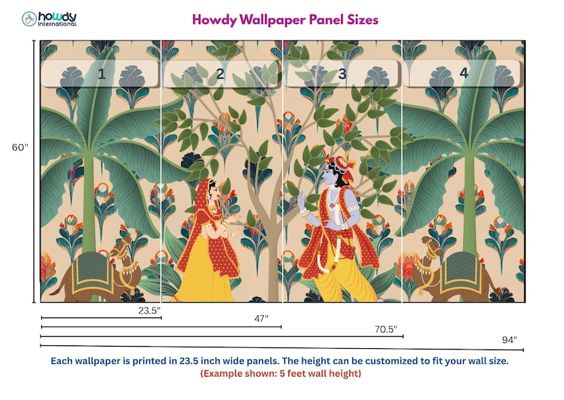 Hindu spiritual wallpaper mural capturing the love of Radha and Krishna, rendered in Pichwai style with earthy tones. Ideal for blissful living room corners or temple spaces in San Francisco. A soulful fusion of art, devotion, and contemporary design simplicity.
